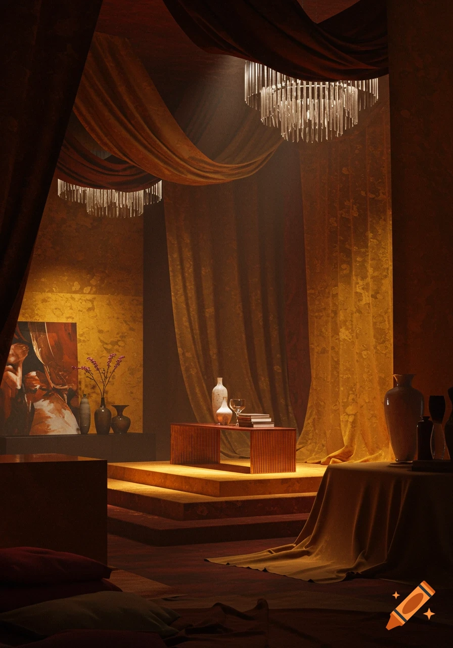 A luxurious, dimly lit room with draped golden and brown fabrics, crystal chandeliers, a low table with vases and books, and a painting.