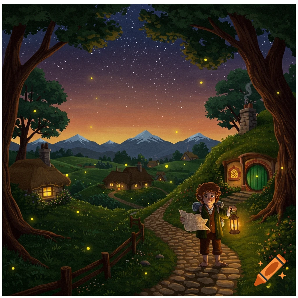 A storybook illustration of a hobbit-like character with a map and lantern on a path, surrounded by hobbit holes and hills under a starry sky.
