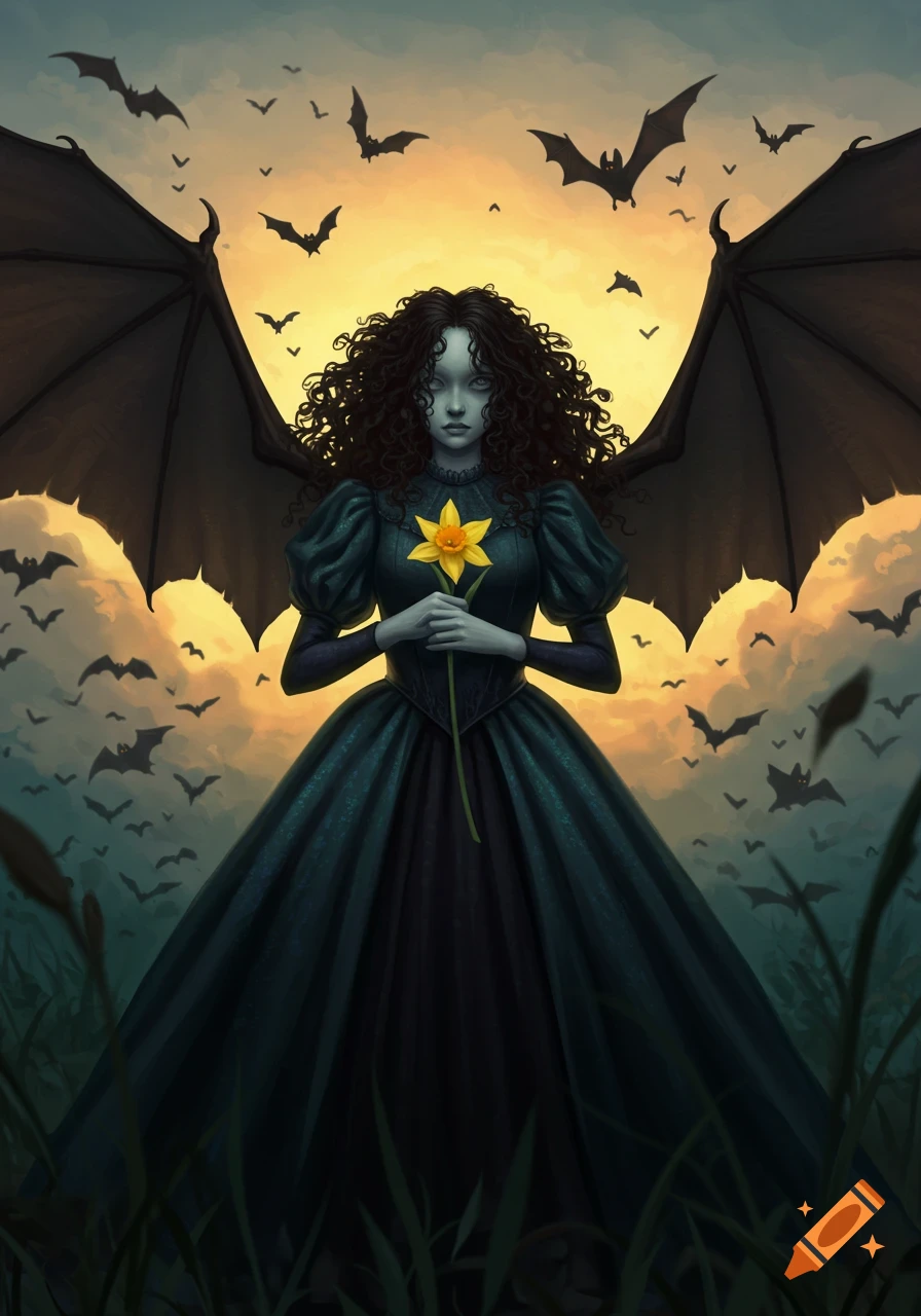 A gothic queen with dark curly hair and bat wings holds a yellow daffodil amidst a swarm of bats at sunset. Fantasy art.