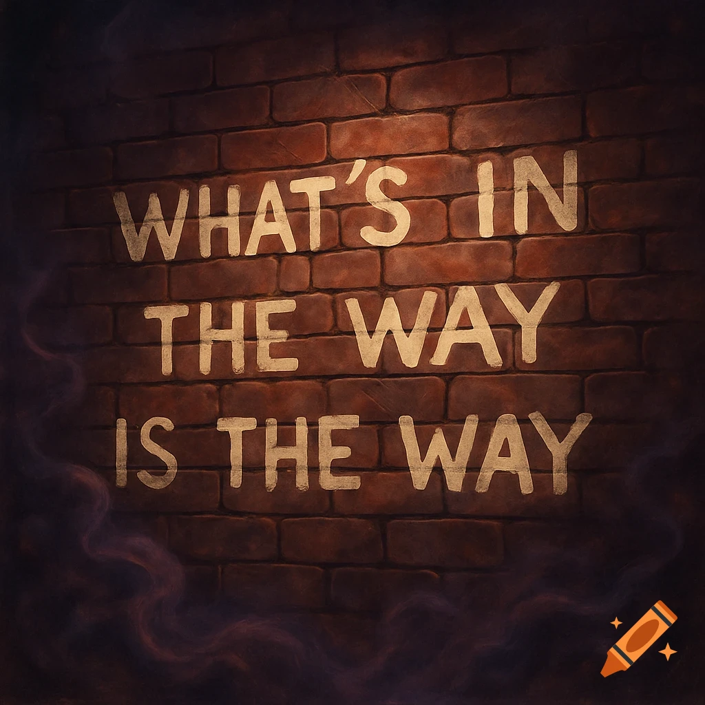 White text 'WHAT'S IN THE WAY IS THE WAY' painted on a dark, red brick wall with atmospheric smoke.