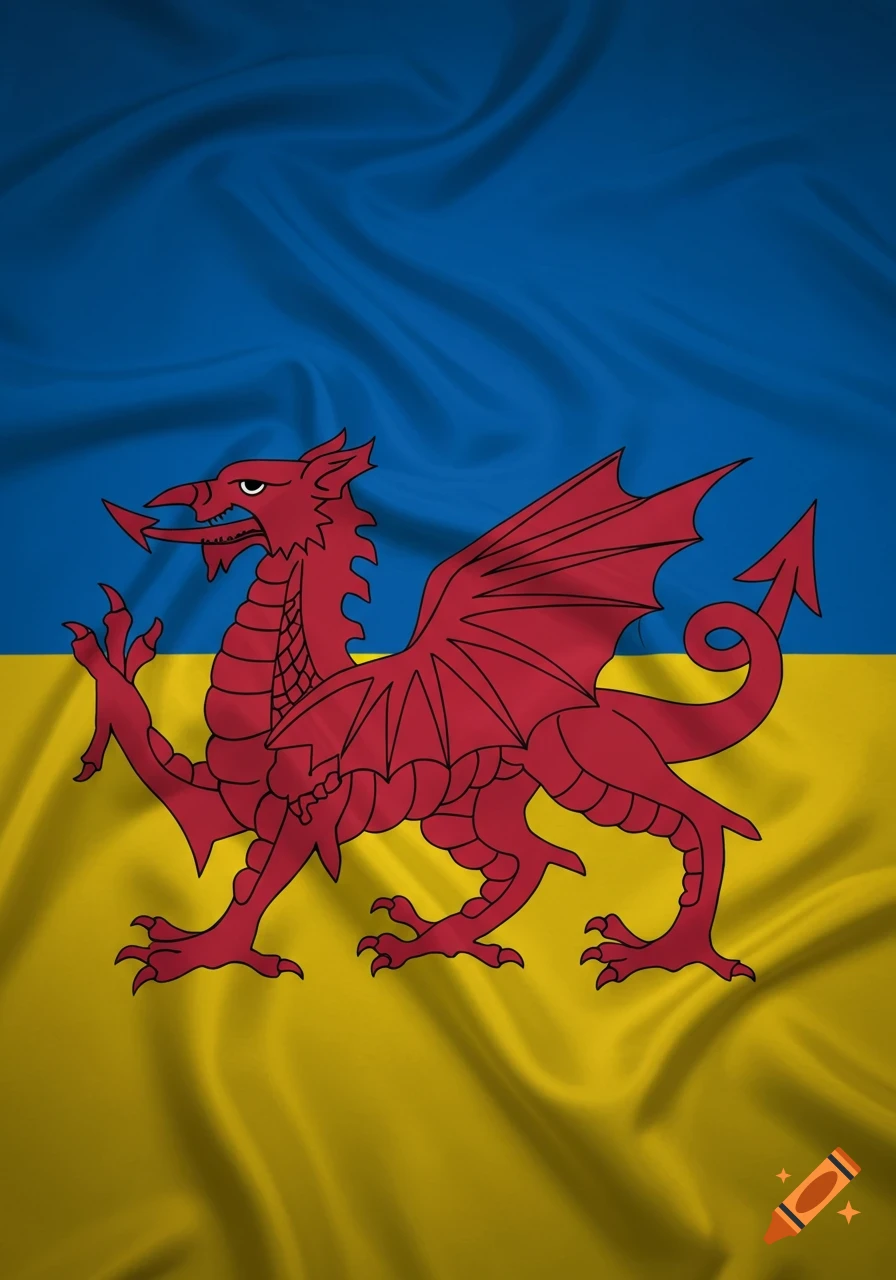 A red Welsh dragon emblem over a blue and yellow Ukrainian flag background with fabric texture.