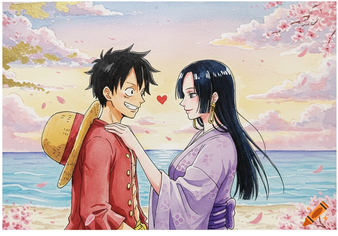 Luffy and Hancock from One Piece look lovingly at each other on a beach with cherry blossoms, painted in watercolor style.