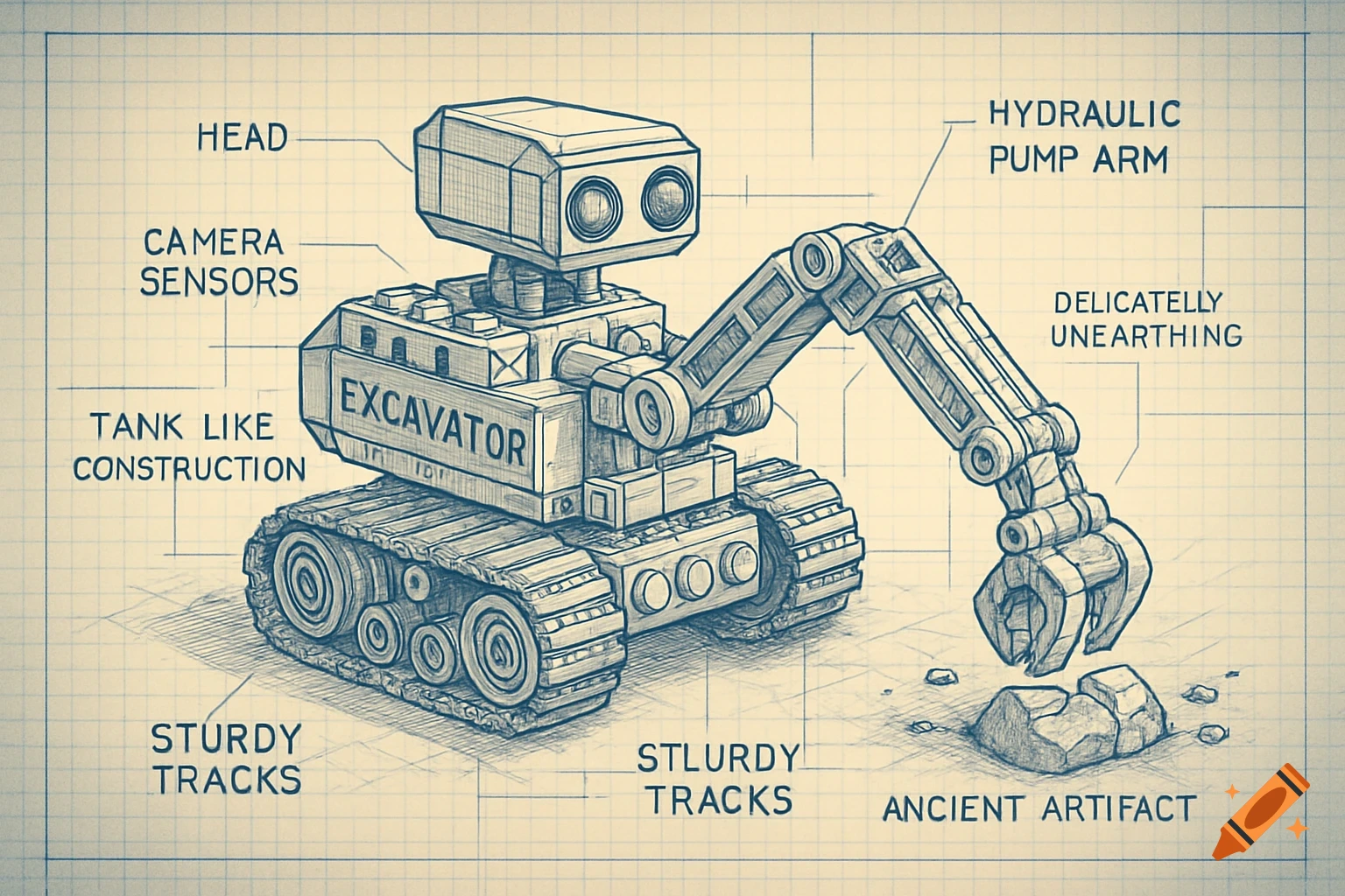 Blueprint drawing of a Lego-style excavator bot with tracks and a hydraulic arm, labeled with its parts and function.