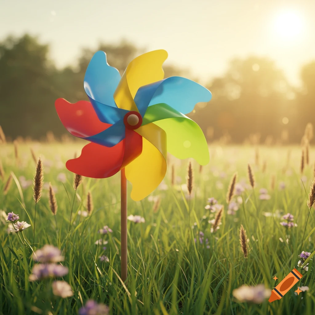 A colorful pinwheel stands in a sunny green field with flowers, bathed in golden light.