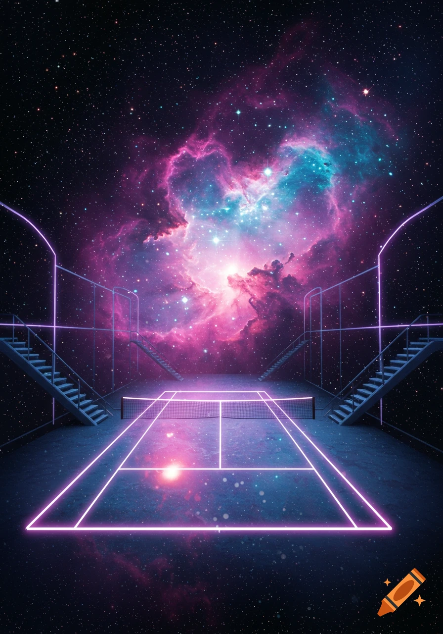 Neon pink tennis court floating in deep space, surrounded by a vibrant purple and blue nebula, with stairs on either side.
