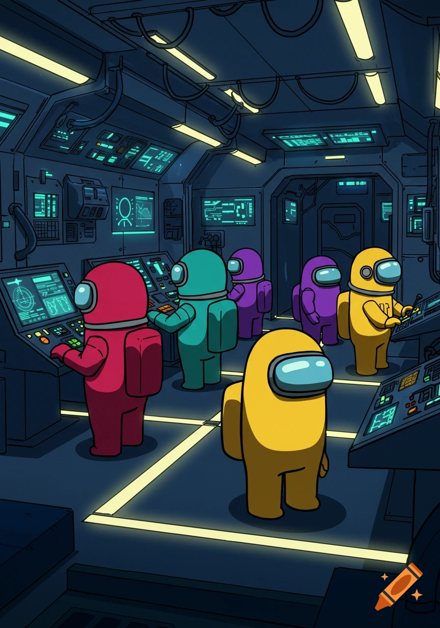 Several colorful Among Us crewmates, including red, teal, purple, and yellow, stand in a spaceship control room, interacting with glowing screens and panels in a 2D cartoon style.