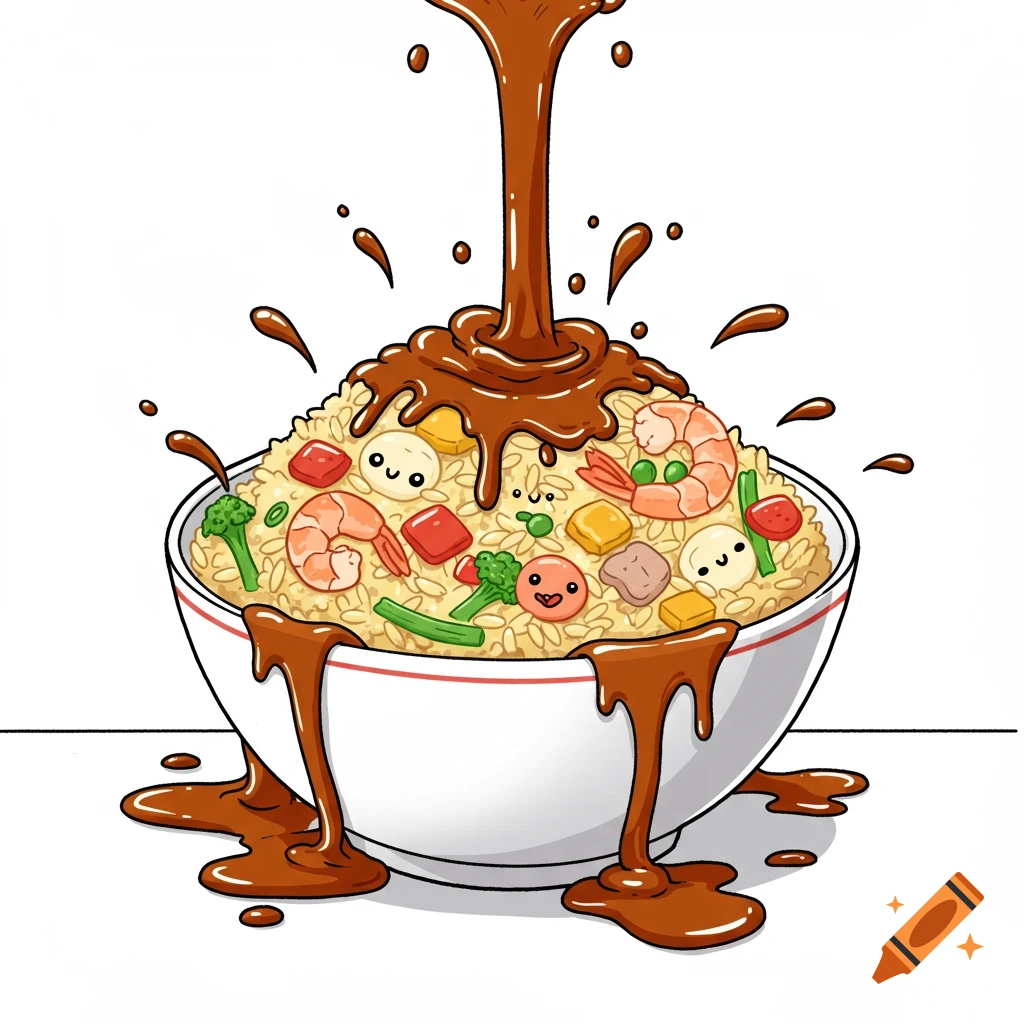 Goofy cartoon illustration of a bowl of fried rice with cute faces on ingredients, overflowing with dark sauce spilling everywhere.