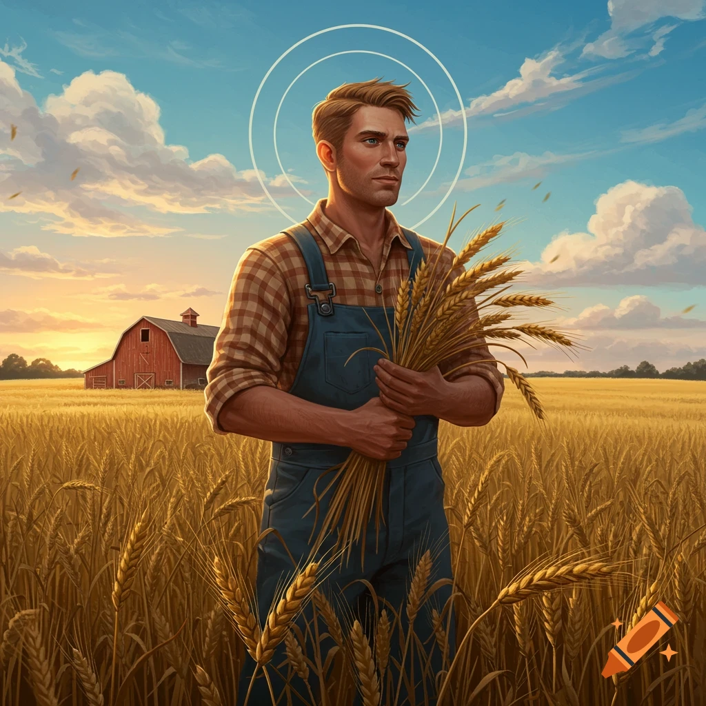 An idealized male farmer with a halo holds a bundle of wheat in a golden field with a red barn at sunset.