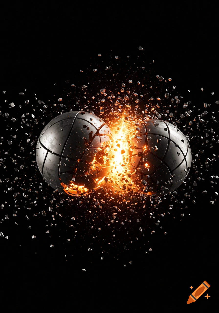Two metallic spheres explode on impact, emitting orange light and debris against a black background.