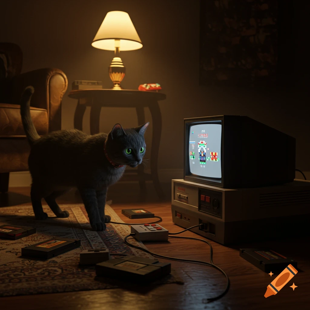 A gray cat with green eyes intently watches a retro video game on a CRT TV in a dimly lit room, with game cartridges on the floor.