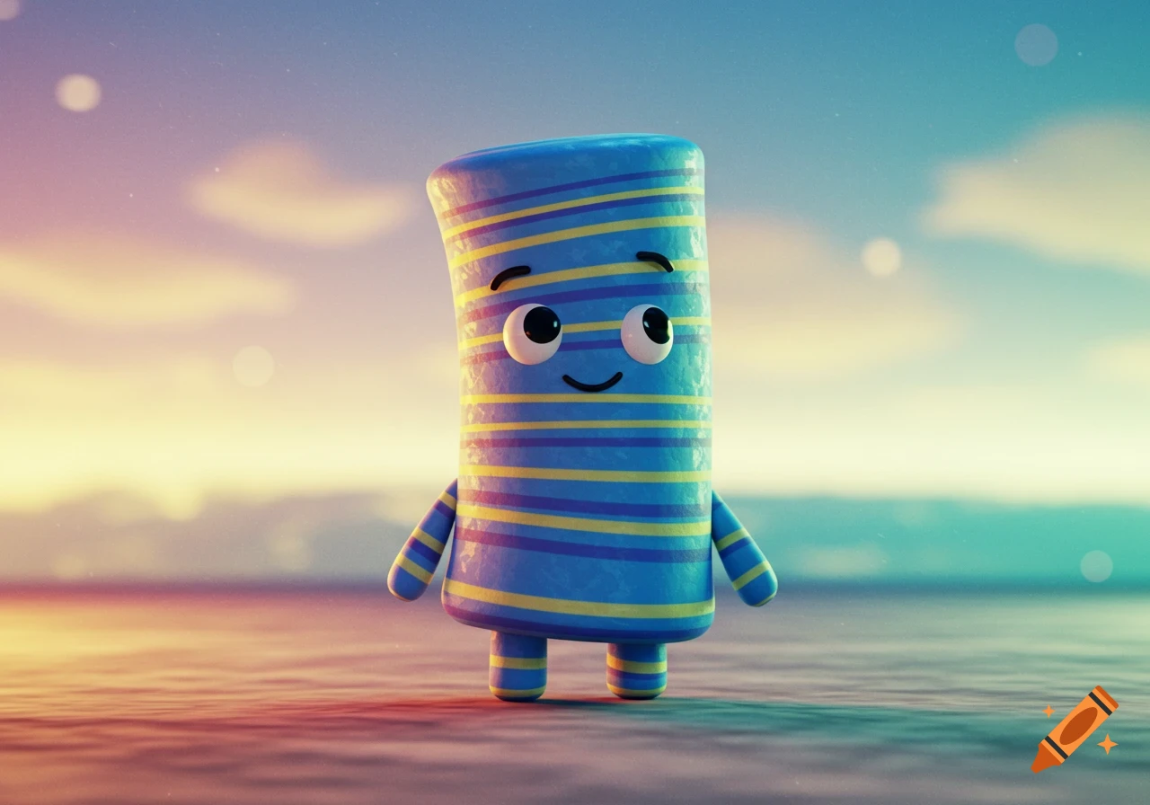 A cute, striped blue cylindrical cartoon character with big eyes and a smile stands on a reflective surface under a soft sky.