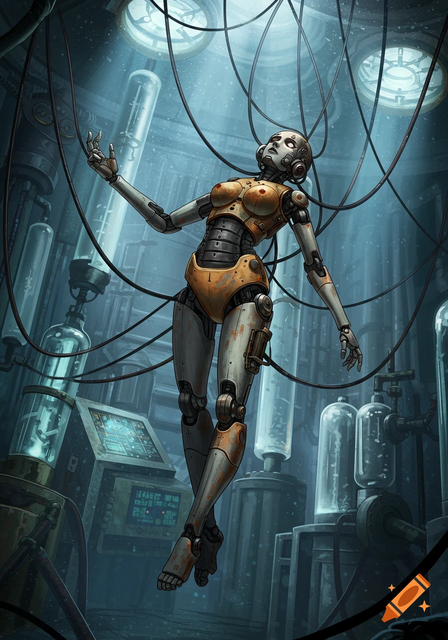 An old, rusty female robot with wires attached to her body floats in a dimly lit, futuristic laboratory.