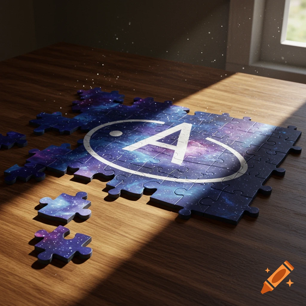 A partially assembled galaxy puzzle on a wooden table, featuring a white stylized atheist symbol 'A' in an oval, lit by window light.