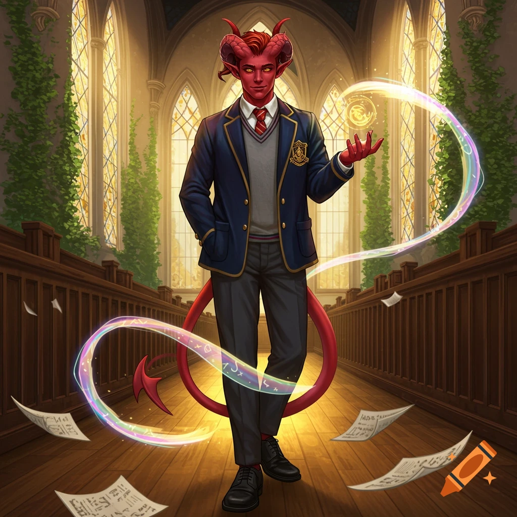 A red-skinned male tiefling in a blue school uniform stands in a grand hall, holding a glowing magical orb, with papers floating around him.