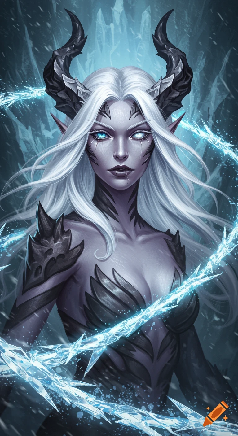 A white-haired fantasy mage with horns and ice-blue eyes, surrounded by swirling ice and arcane energy, digital painting.