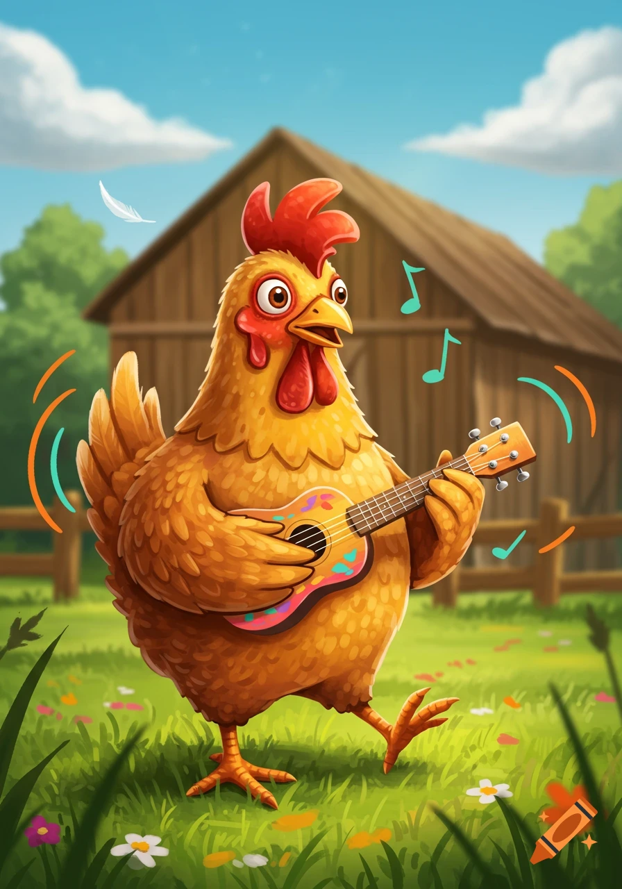 A cartoon chicken plays a colorful ukulele in a grassy field with a barn in the background under a blue sky.