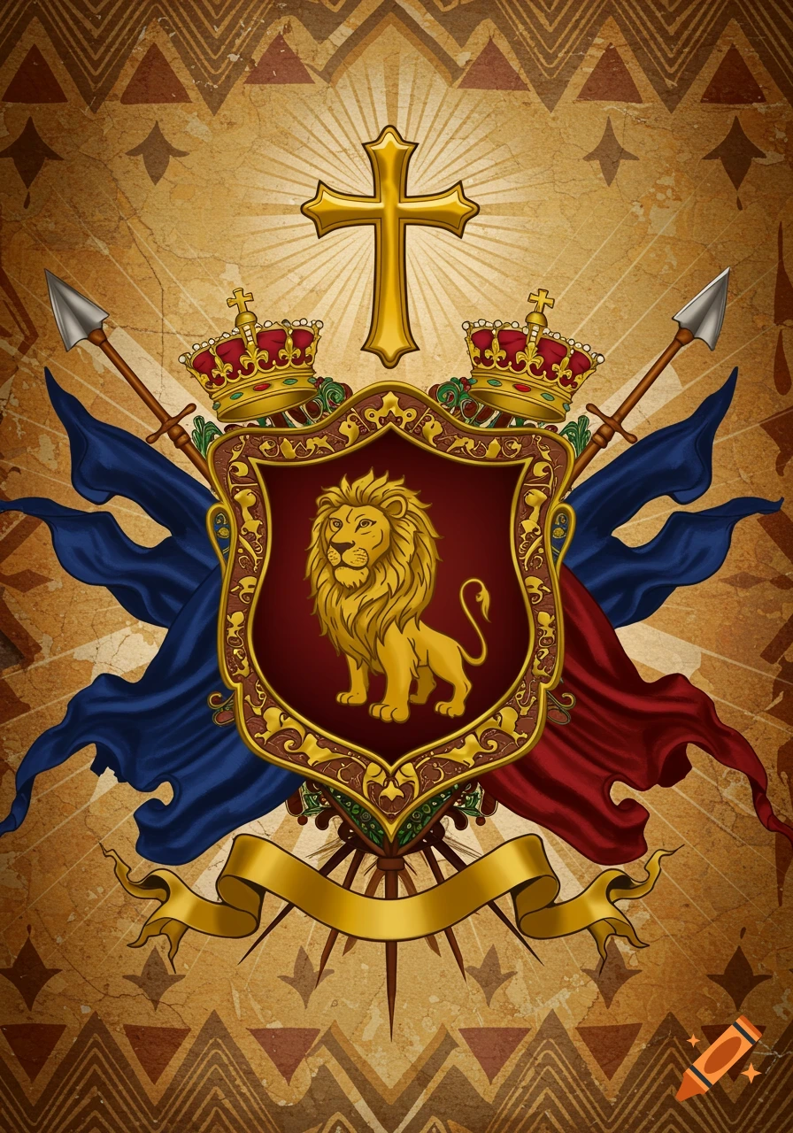 Regal family crest featuring a golden lion on a red shield, flanked by crowns and spears, with a cross above and flowing banners.