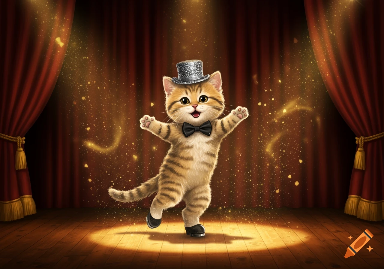 A cute cartoon tabby kitten wearing a sparkly top hat, bow tie, and tap shoes dances on a wooden stage with red curtains and golden glitter.