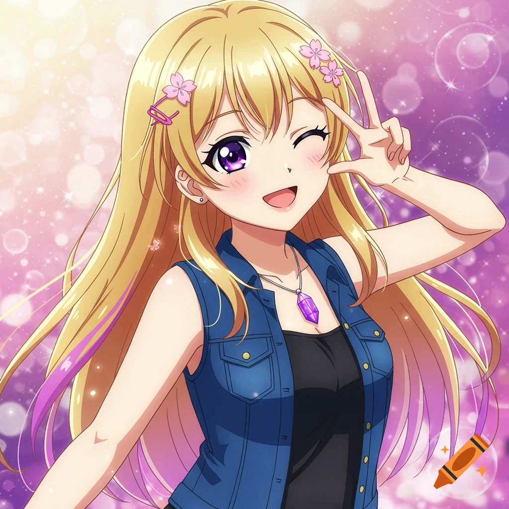 Smiling anime girl with blonde hair, purple streaks, and eyes, wearing a denim vest, winking and making a peace sign.