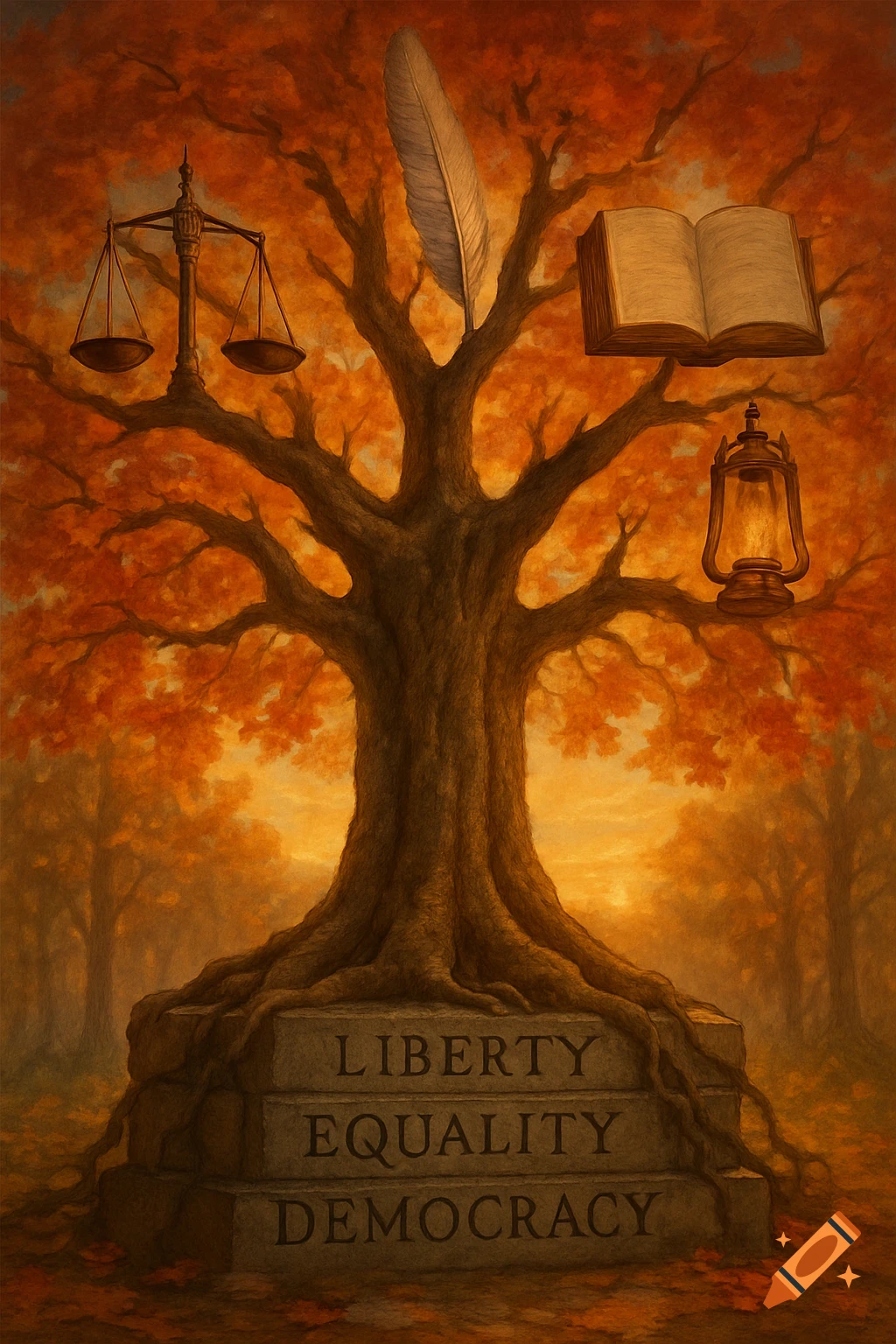 A large tree with autumn leaves stands over stone blocks inscribed with 'LIBERTY', 'EQUALITY', 'DEMOCRACY', surrounded by symbols of justice and knowledge.