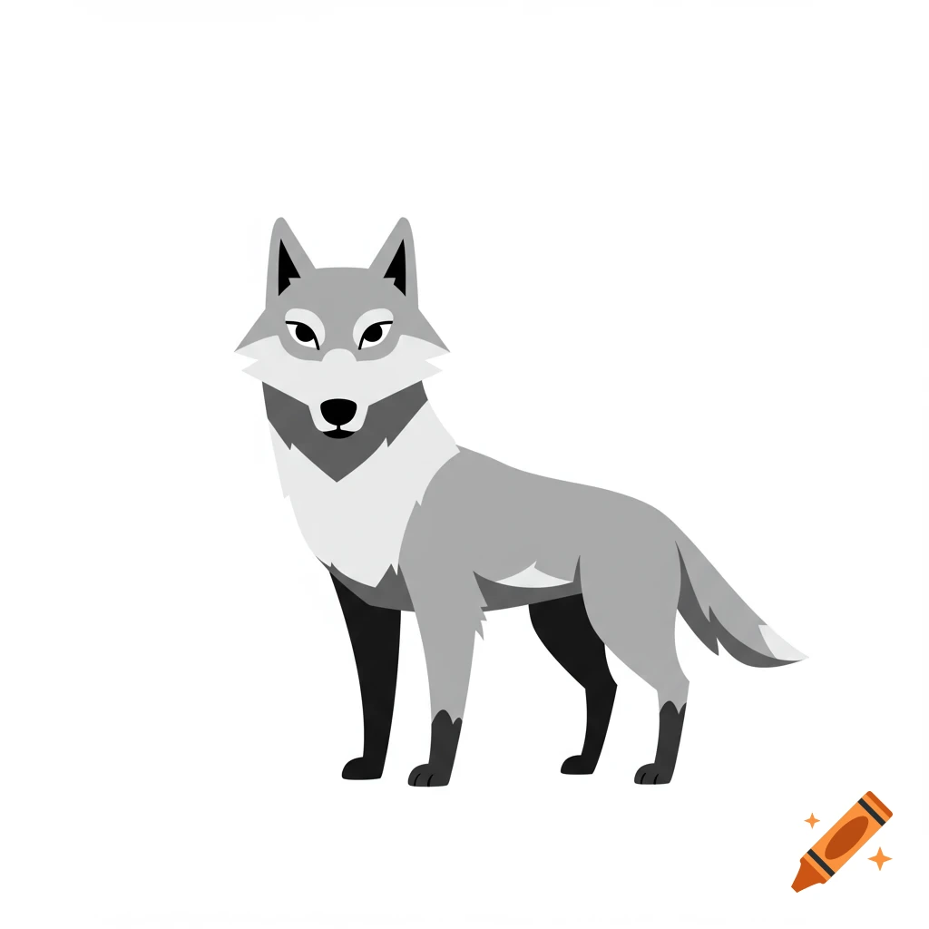 A stylized flat illustration of a gray wolf standing and looking forward on a white background.