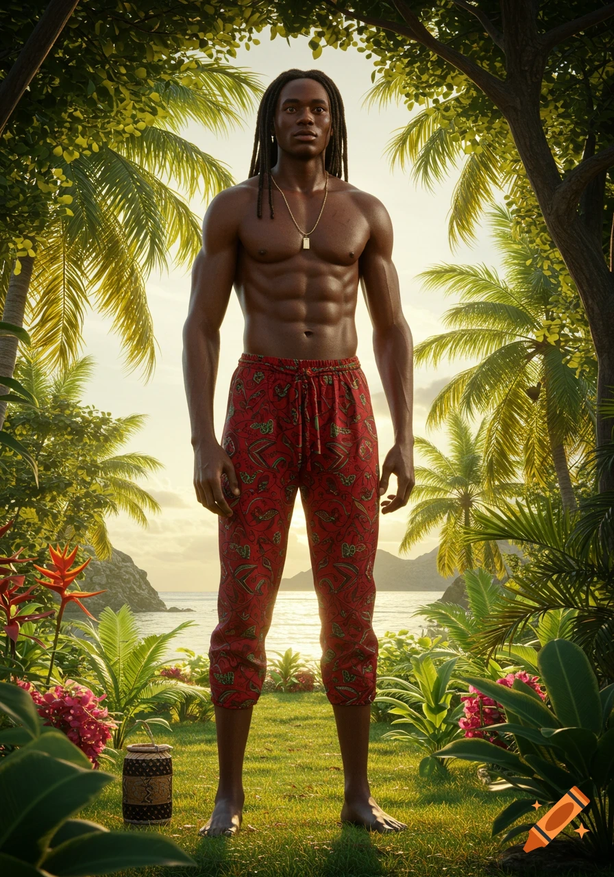 A photorealistic image of a muscular Black man with dreadlocks, shirtless and in patterned red pants, standing on a tropical island with palm trees and ocean.