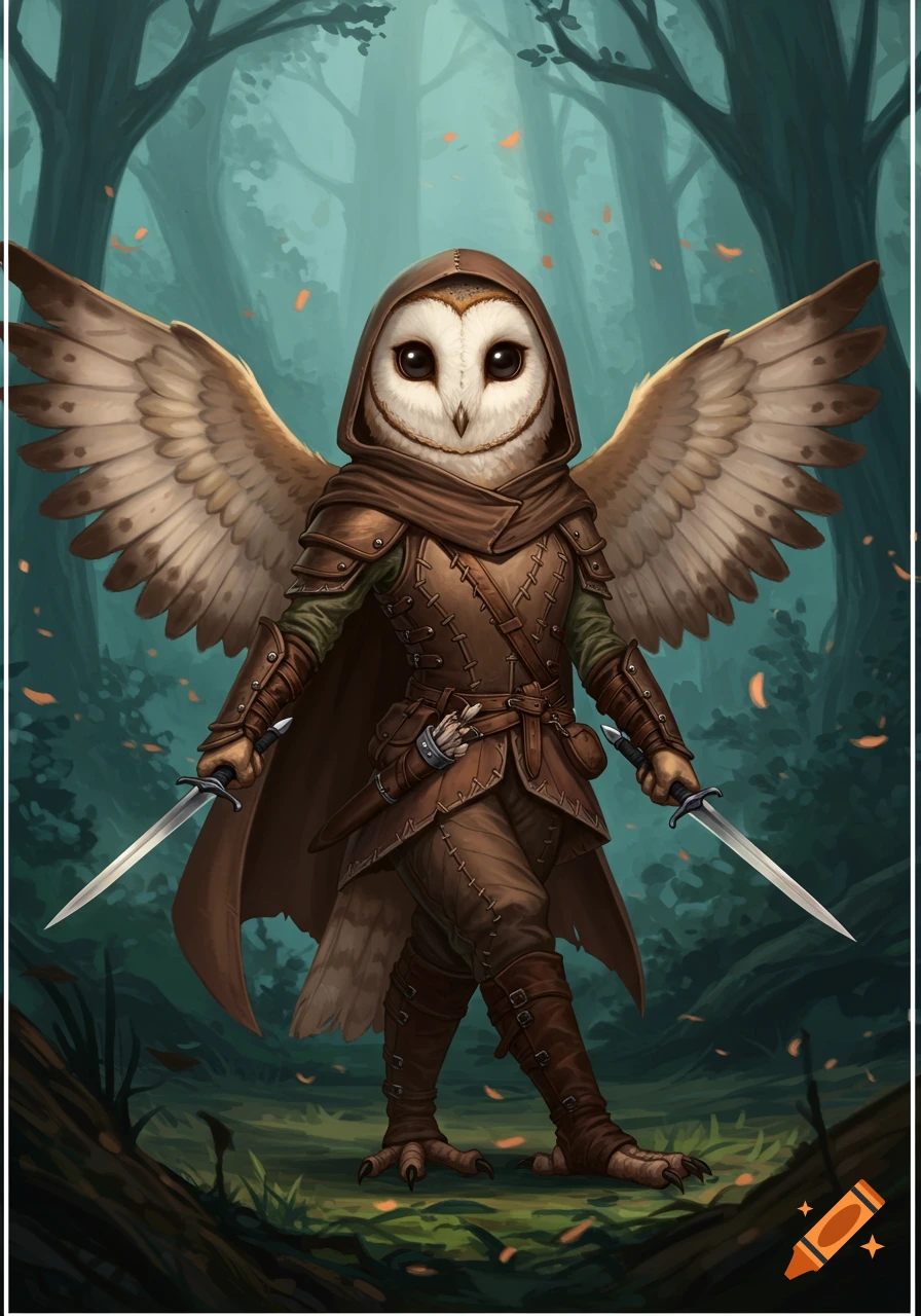 An Owlin rogue in leather armor and hooded cloak, with spread wings, dual-wielding daggers in a forest, high fantasy art.