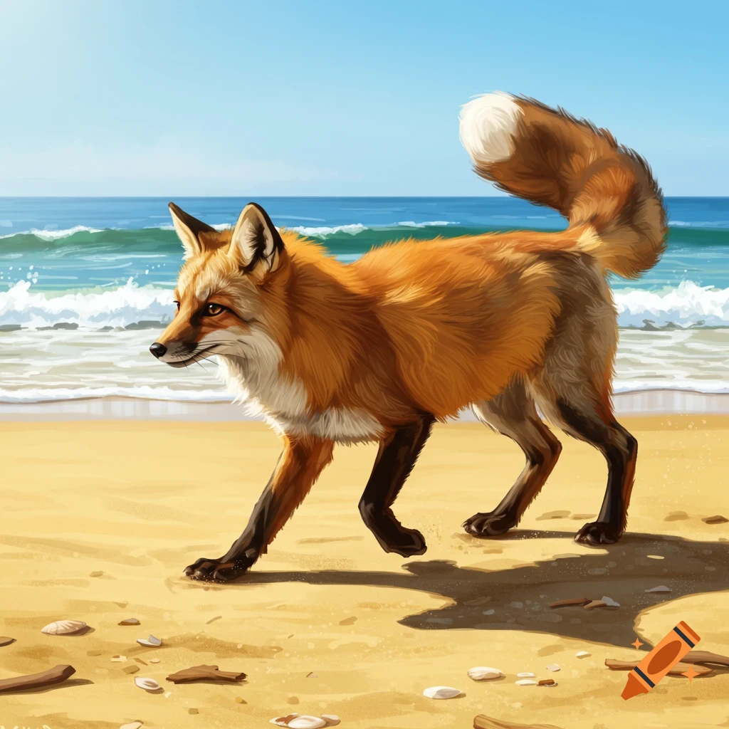 A red fox walks on a sandy beach with ocean waves in the background, illustrated in a realistic style.