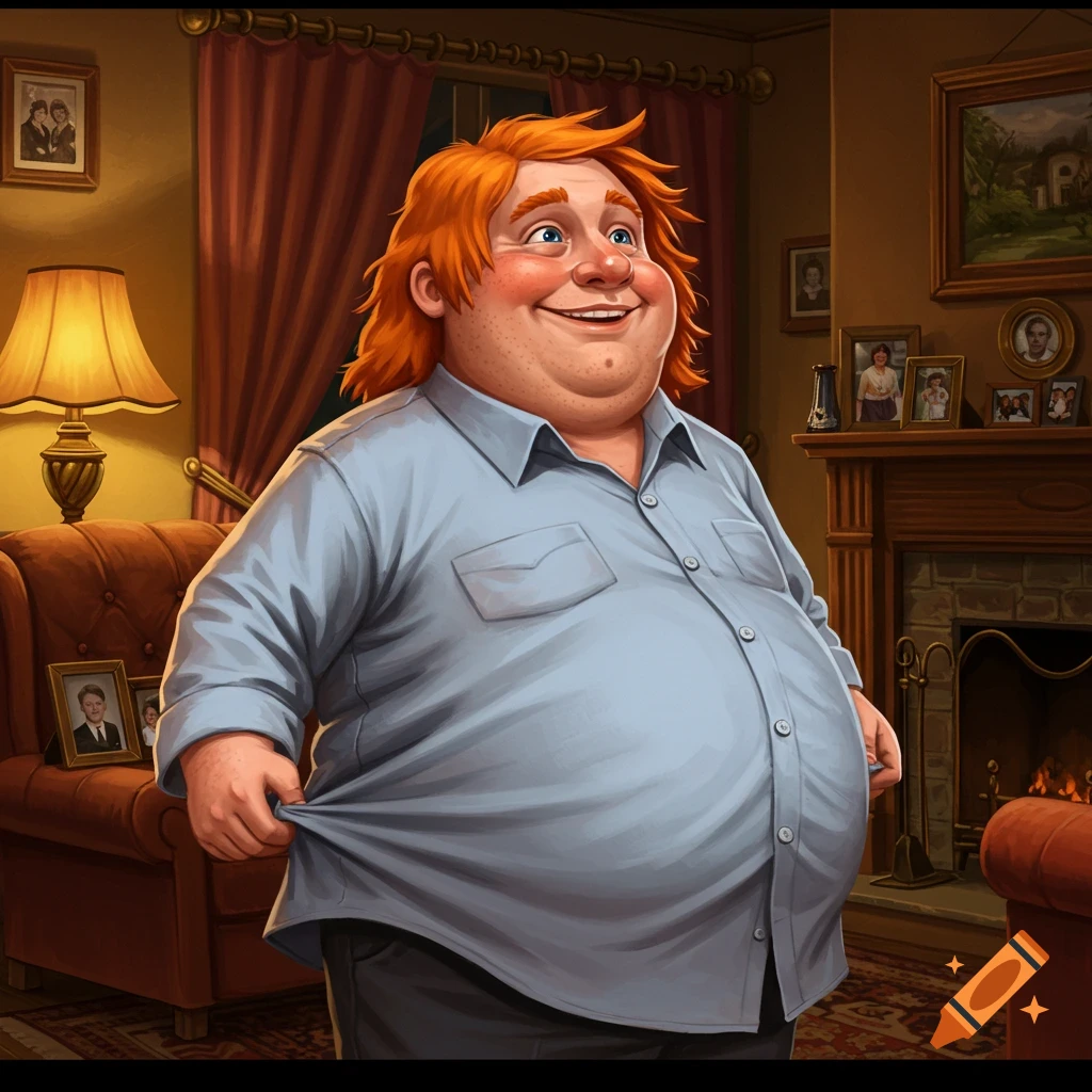 A smiling, rotund ginger man in a tight light blue shirt, pulling at it in a cozy living room, stylized illustration.