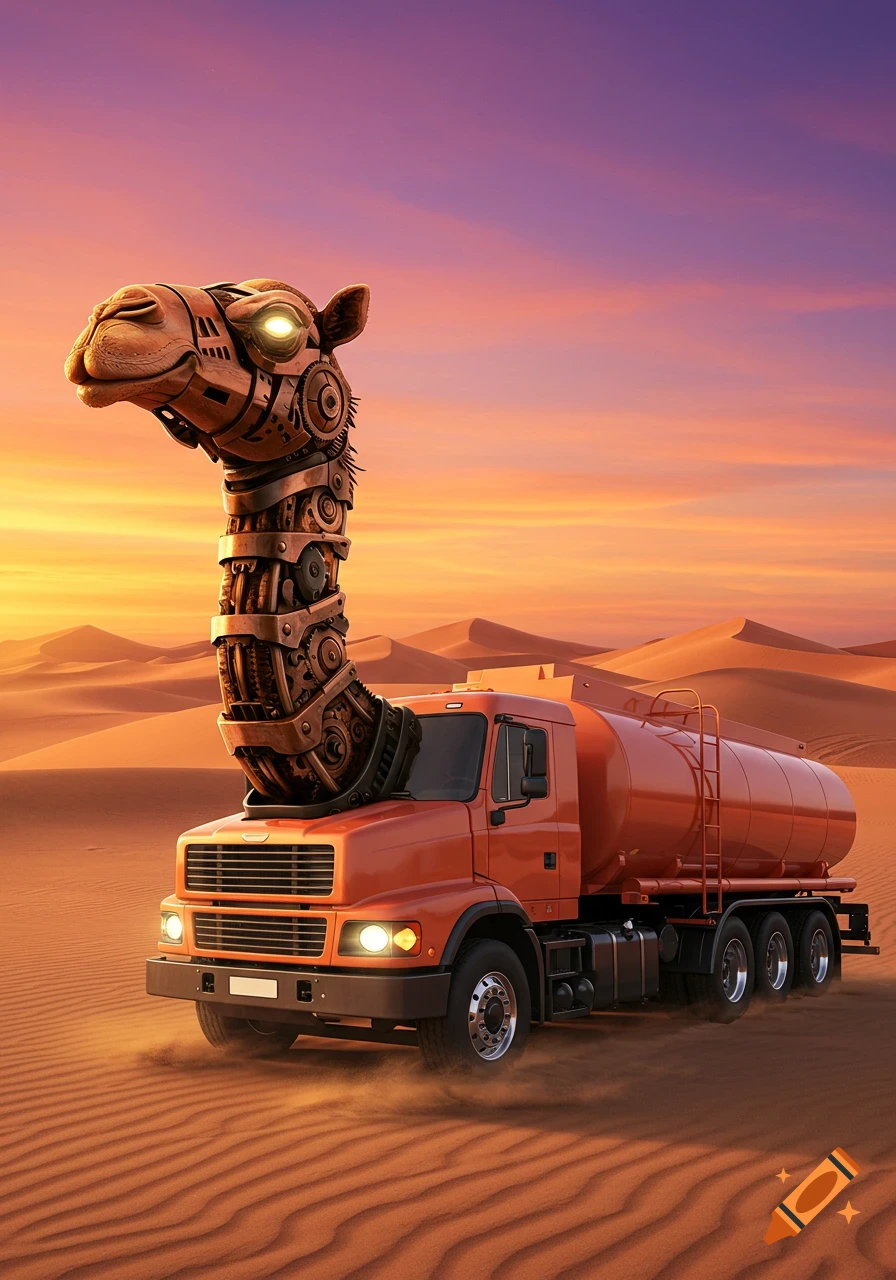A surreal peach tanker truck with a mechanical camel head and neck driving through a desert at sunset.