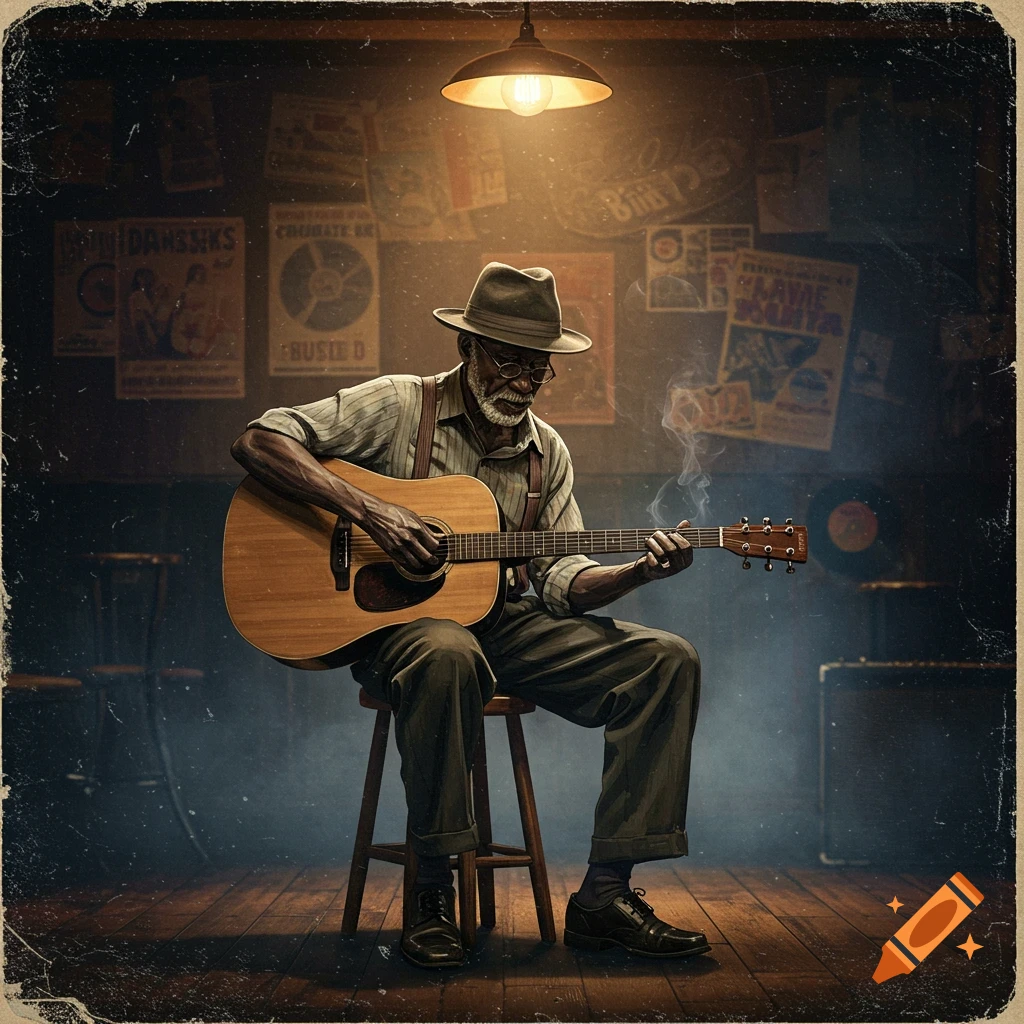 A bearded old man in a hat and glasses plays an acoustic guitar on a stool in a dimly lit room with vintage posters.