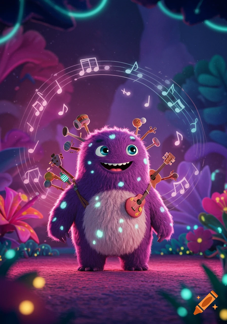 A cute, fluffy purple monster with glowing spots, holding a tiny guitar and surrounded by other instruments and musical notes, stands in a vibrant fantasy forest.