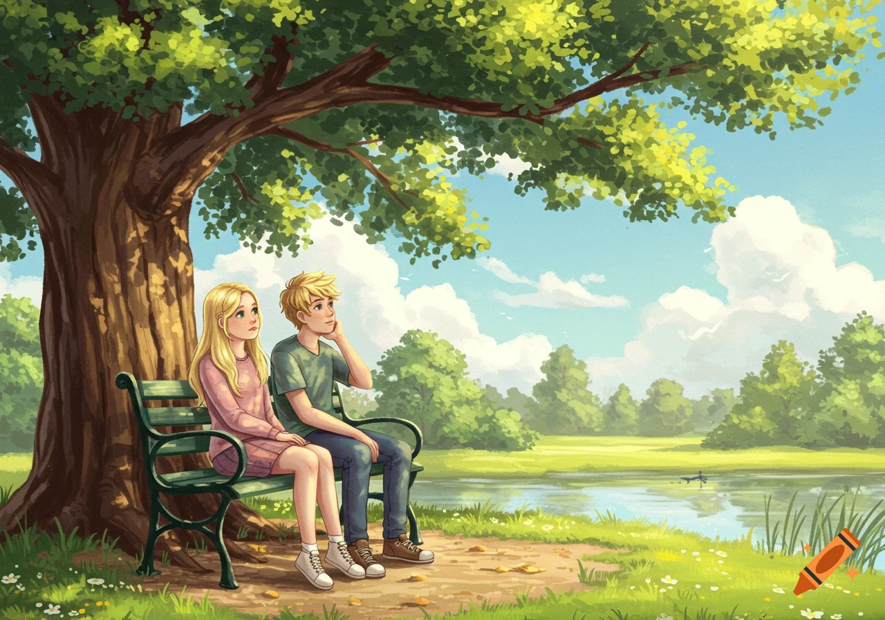 An illustration of a blonde boy and girl sitting on a park bench under a large tree by a lake, looking thoughtful.