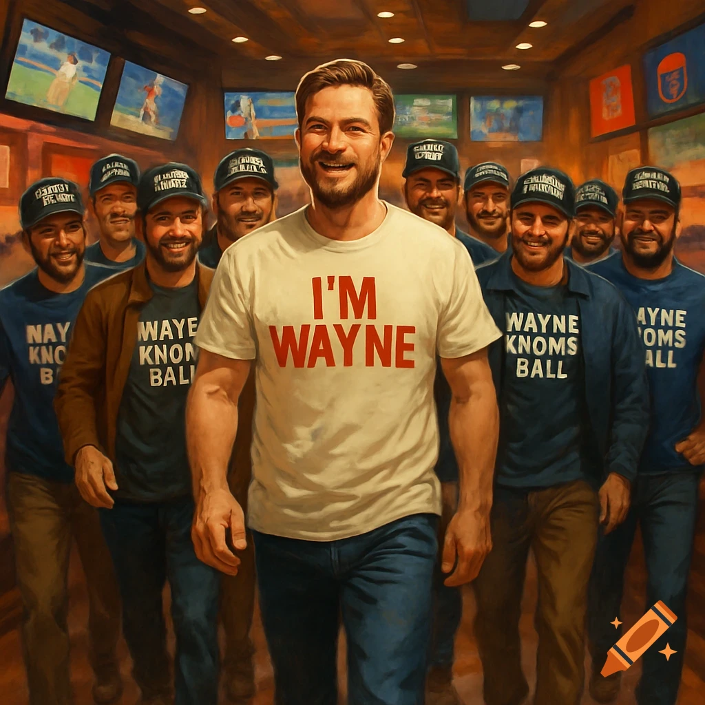 A smiling man in a white "I'M WAYNE" t-shirt leads a group of men, some wearing hats, in a sports bar with TVs showing baseball.