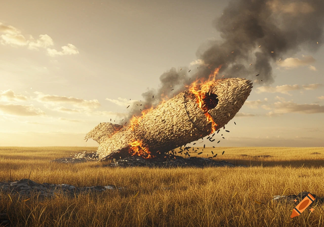 A surreal, photorealistic image of a rocket made of rice grains, burning and destroyed in a golden field at sunset.