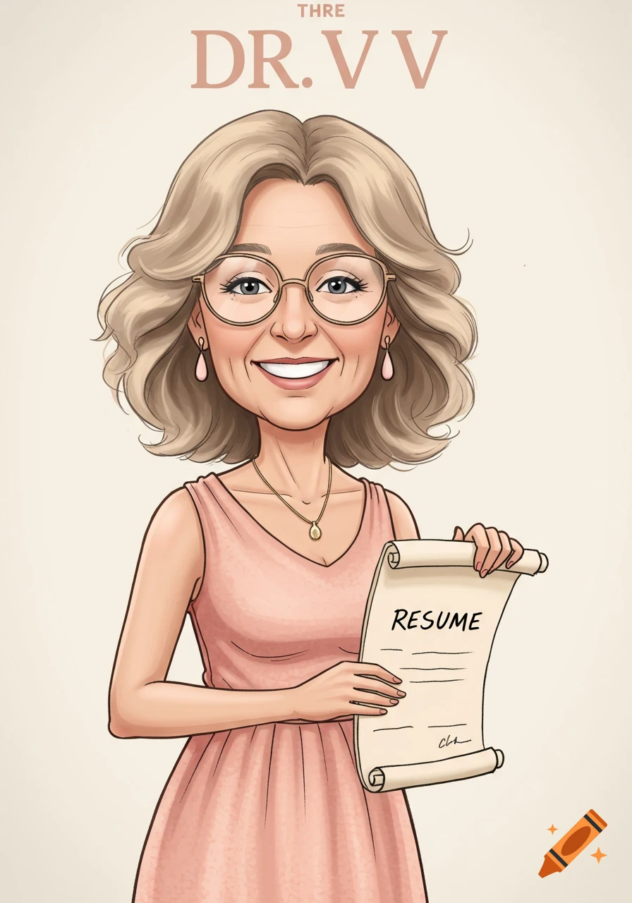 A cartoon illustration of a smiling woman with blonde wavy hair and glasses, wearing a pink dress and a necklace, holding a scroll that reads "RESUME".
