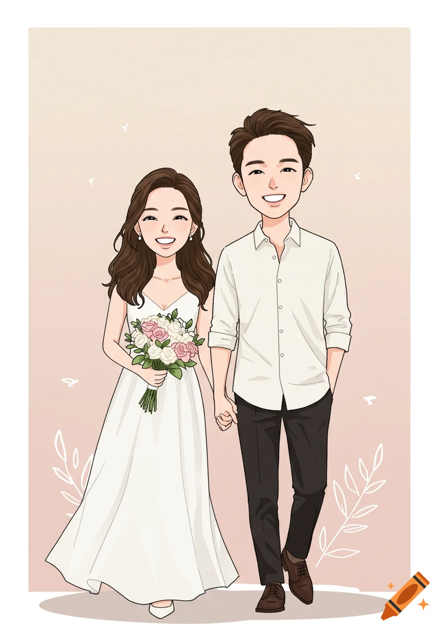 Smiling cartoon bride in white dress with bouquet and groom in cream shirt and black pants hold hands, walking.