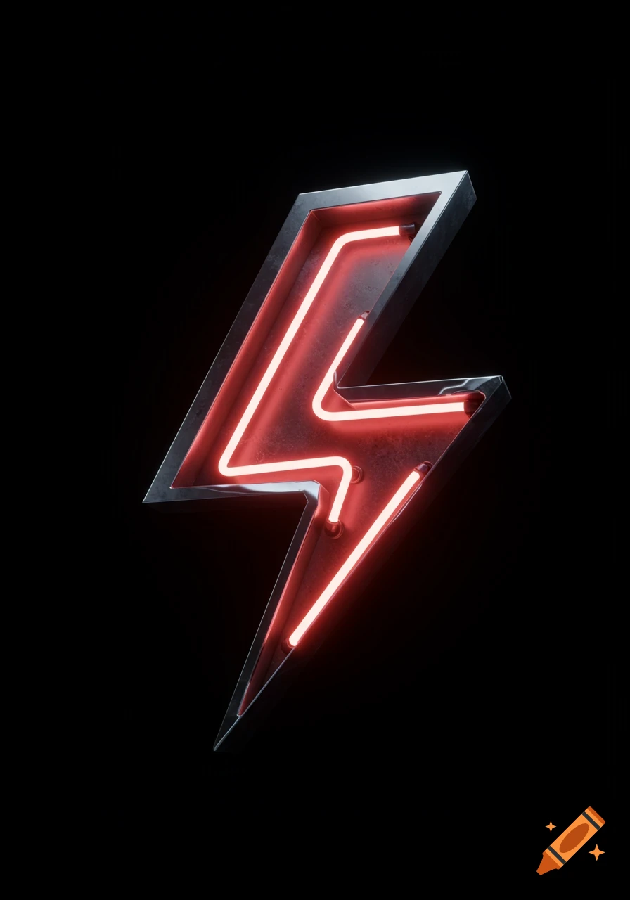 A glowing red neon lightning bolt with metallic chrome edges, set against a dark background.