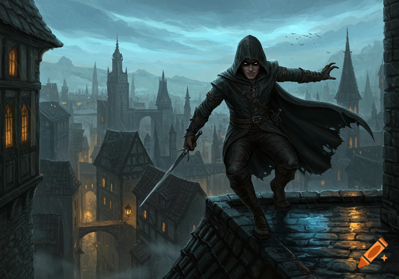 A dark fantasy illustration of a cloaked rogue with glowing eyes, wielding a sword on a rainy rooftop overlooking a gothic city.