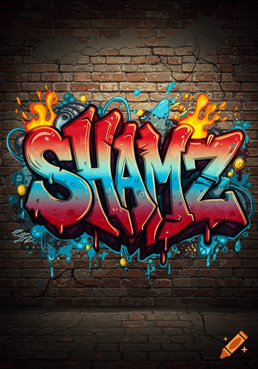 Colorful graffiti art spelling 'SHAMZ' with red and blue gradients, drips, and flame accents on a dark brick wall.