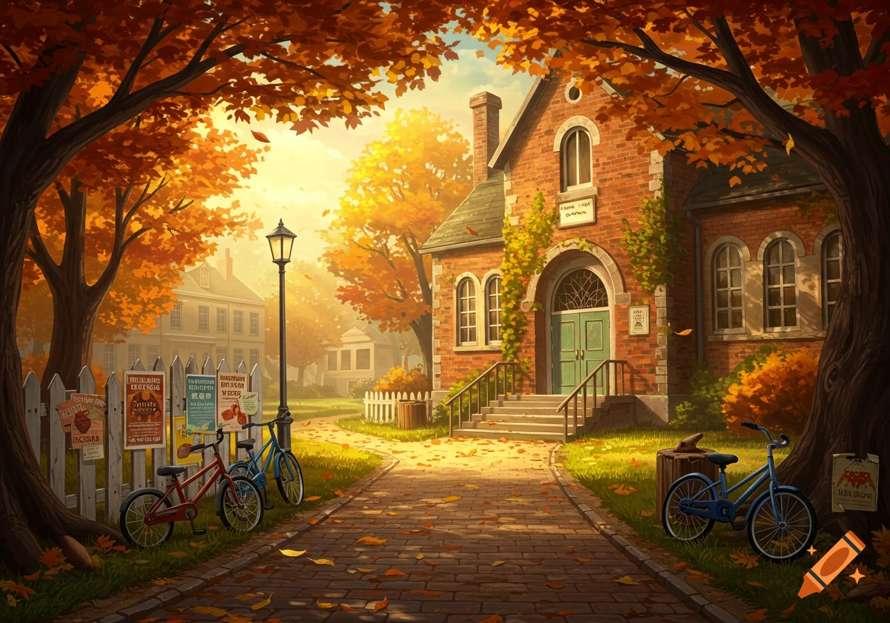 A colorful autumn scene with a brick building, golden trees, a lamppost, and bicycles on a paved path.
