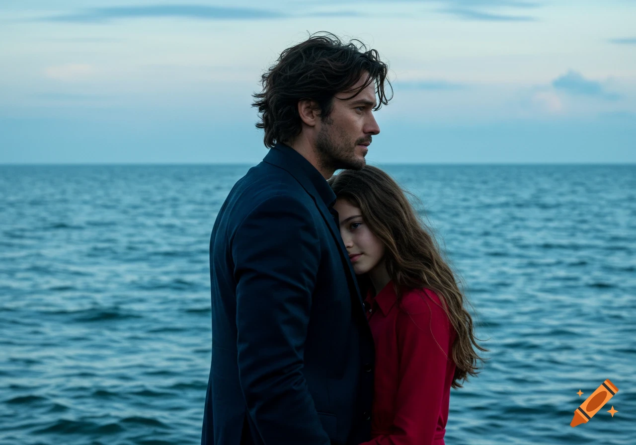A man with dark hair and a girl in red embrace by the blue ocean under a cloudy sky.