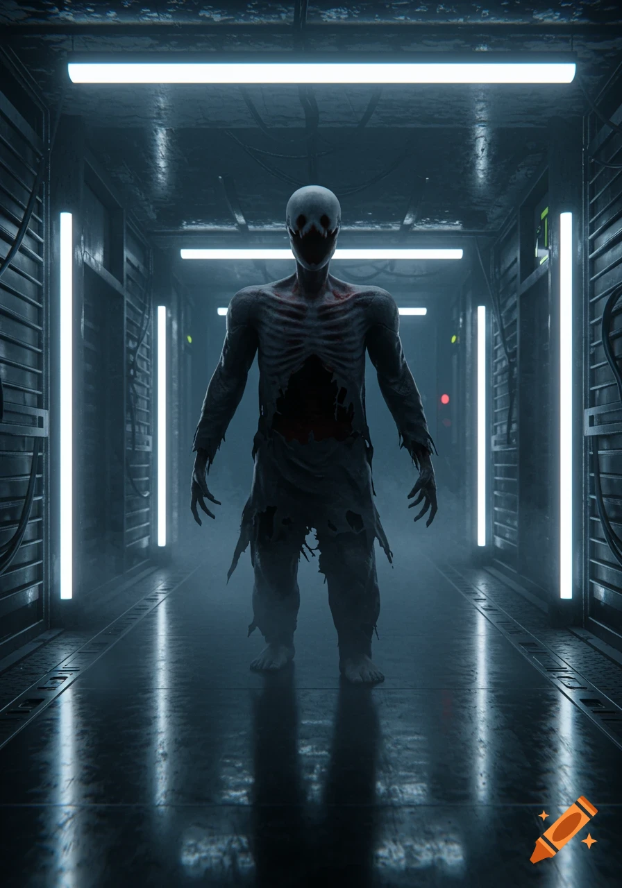 A gaunt, pale, skeletal monster with a dark void for a face stands in a dimly lit, metallic corridor with fluorescent lights.