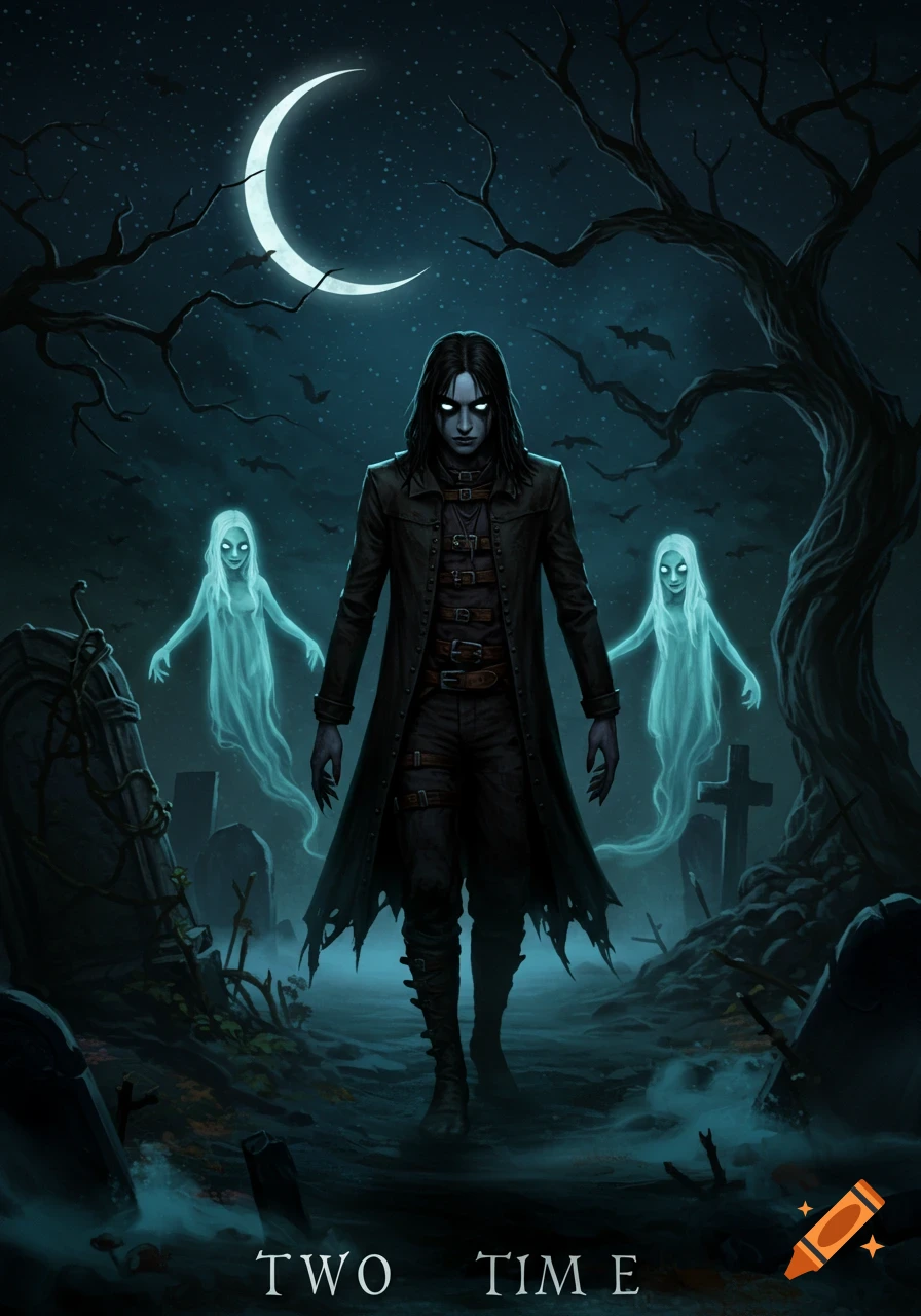 A dark, pale-skinned figure with long black hair stands in a foggy graveyard with ghosts under a crescent moon. Gothic fantasy digital art.