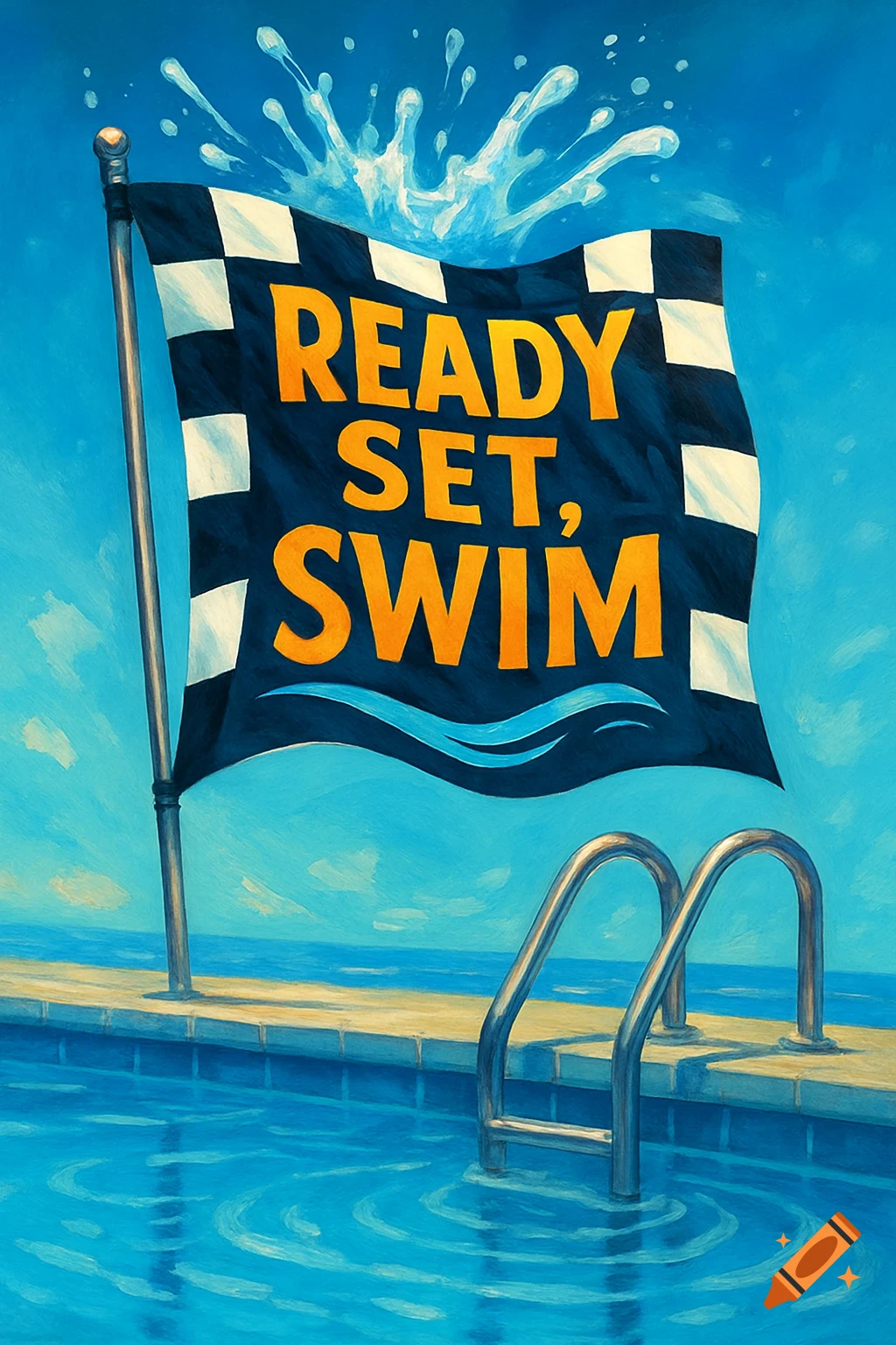 A vibrant illustration of a checkered flag with 'READY SET, SWIM' text, a water splash, and a pool ladder in blue water.