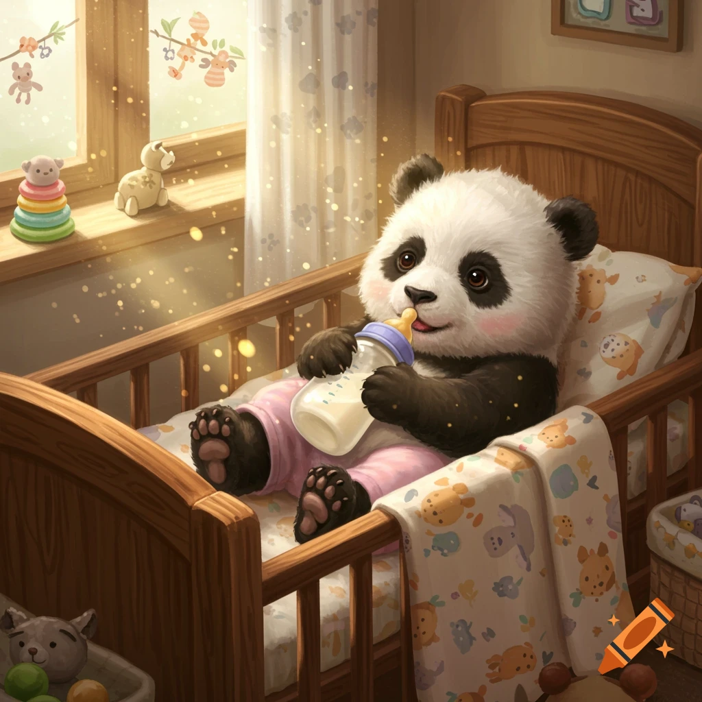 A cute baby panda in pink pants lies in a wooden crib, drinking milk from a bottle, with sunlight streaming through a window.