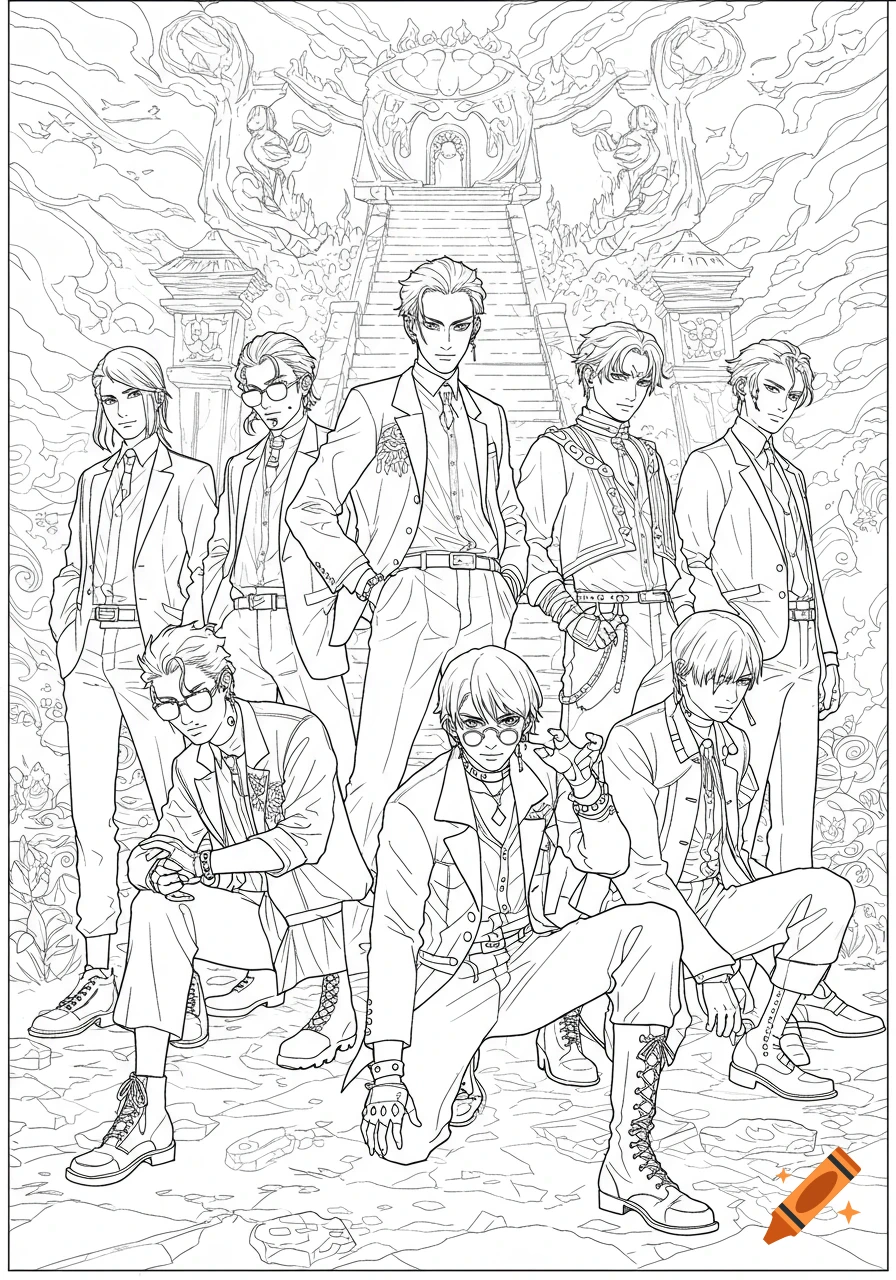 Black and white line art coloring page of seven anime-style men in suits standing before an ornate fantasy structure.