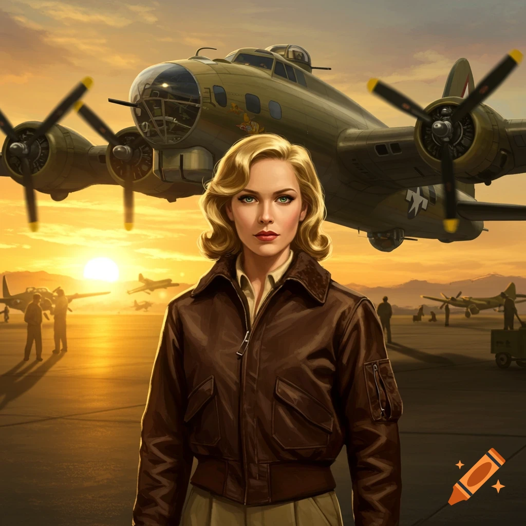 A blonde female pilot in a brown bomber jacket stands on an airfield at sunrise, a B-17 Flying Fortress behind her.