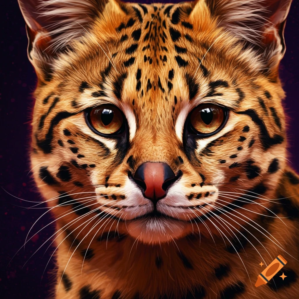 Closeup of a majestic Savannah cat's face with vibrant fur patterns and golden-brown eyes.