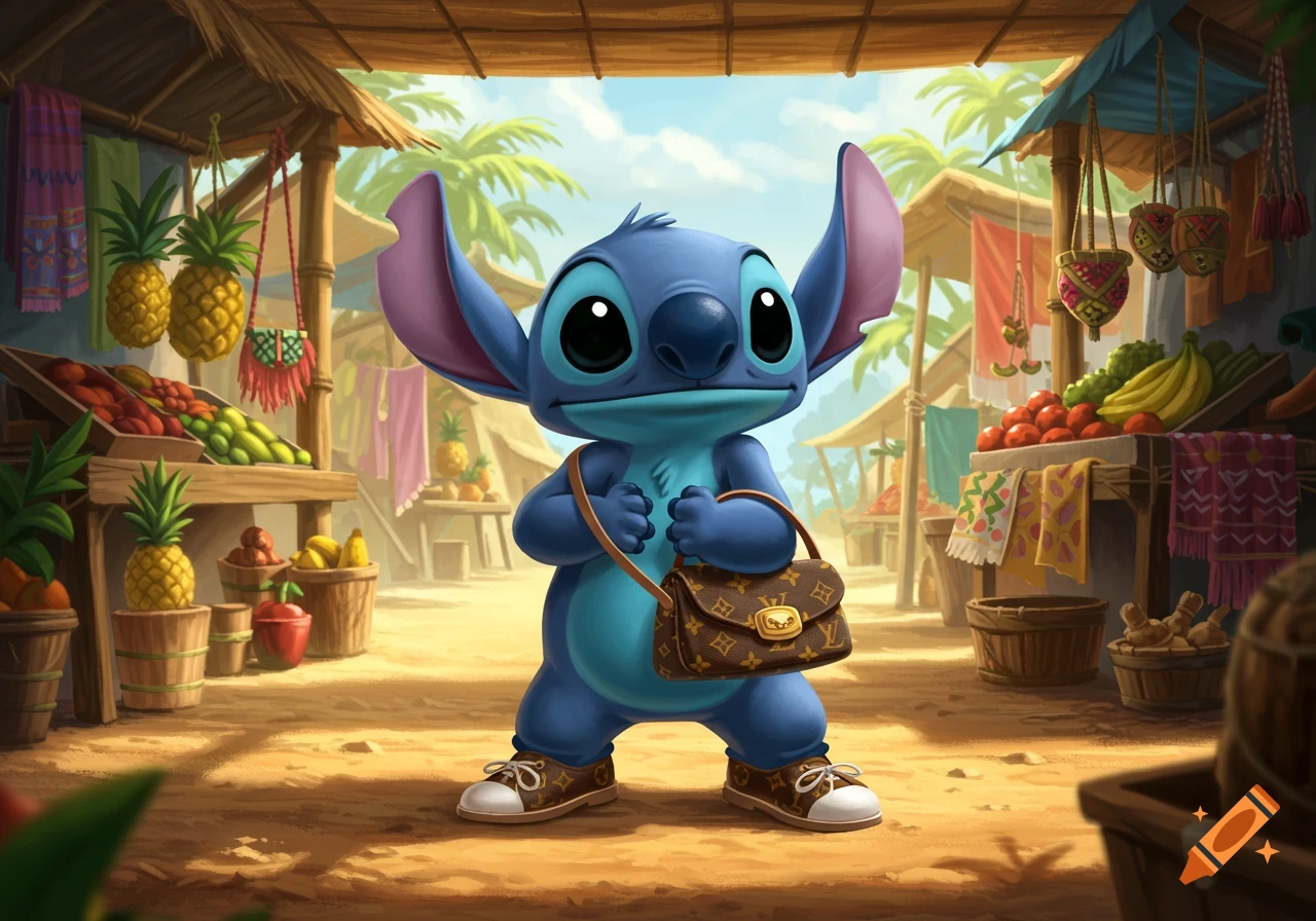 Stitch holds a Louis Vuitton purse and wears Louis Vuitton shoes while standing in a bustling tropical market.
